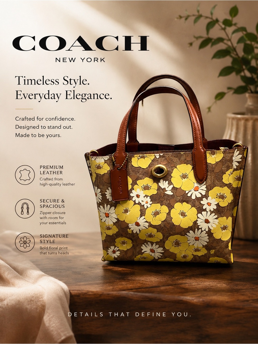 Coach Brown Tote with Yellow and White Floral Print